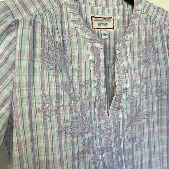 Johnny Was Malo Puff Sleeve Blouse Lilac Embroidered Plaid Bird Floral Small - Picture 8 of 13